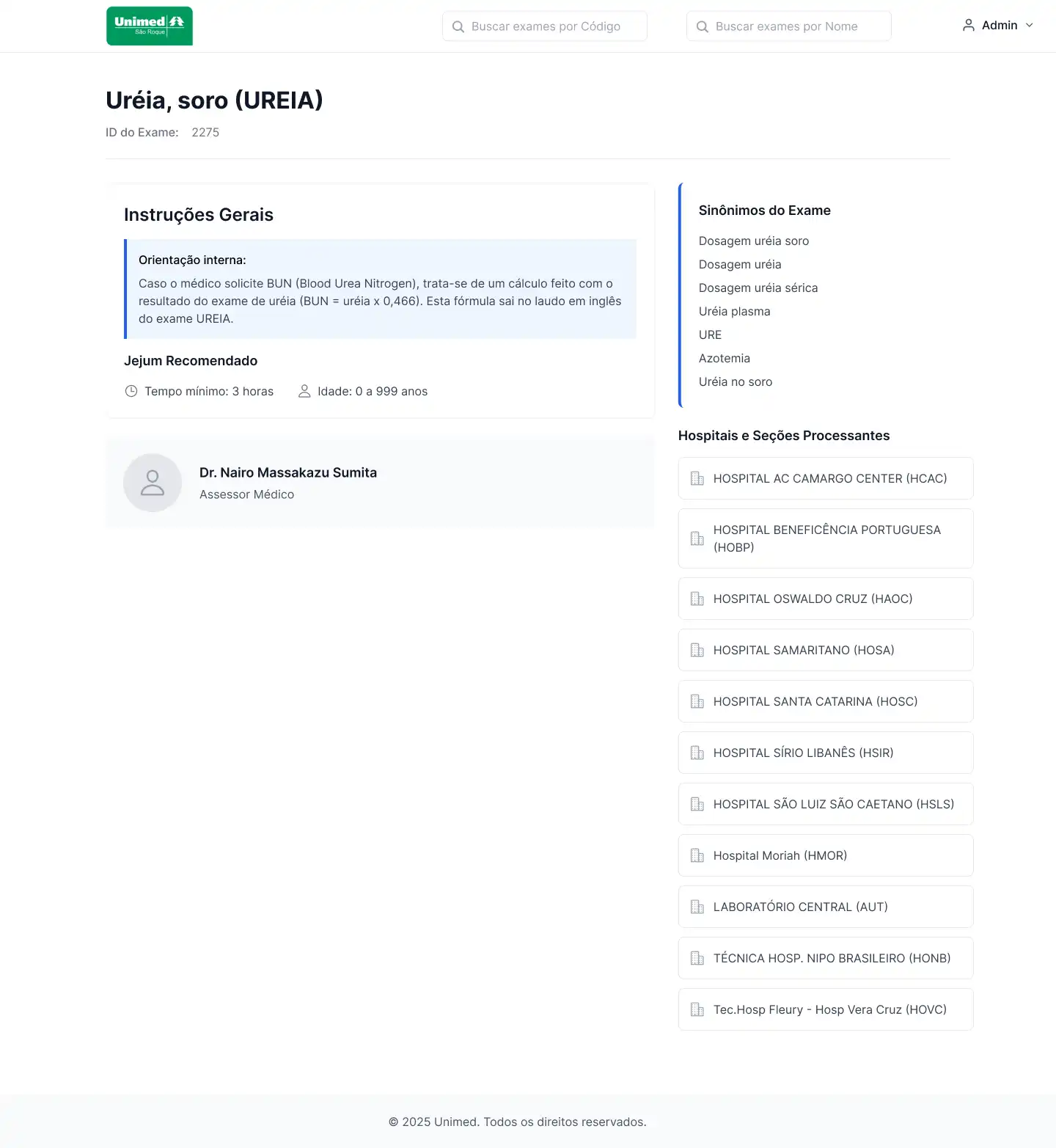Sistema de consulta e preparação de exames da Unimed