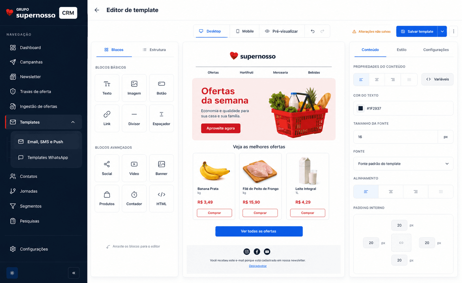 Editor visual de templates de e-mail do CRM SuperNosso