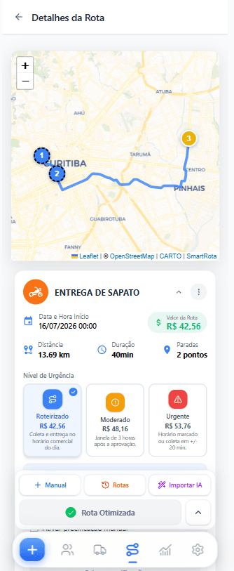 Detalhes de uma rota com mapa e sequência de paradas no SmartRota mobile