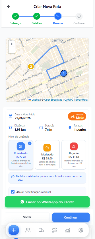 Resumo e confirmação da etapa 3 de criação de rota no SmartRota mobile