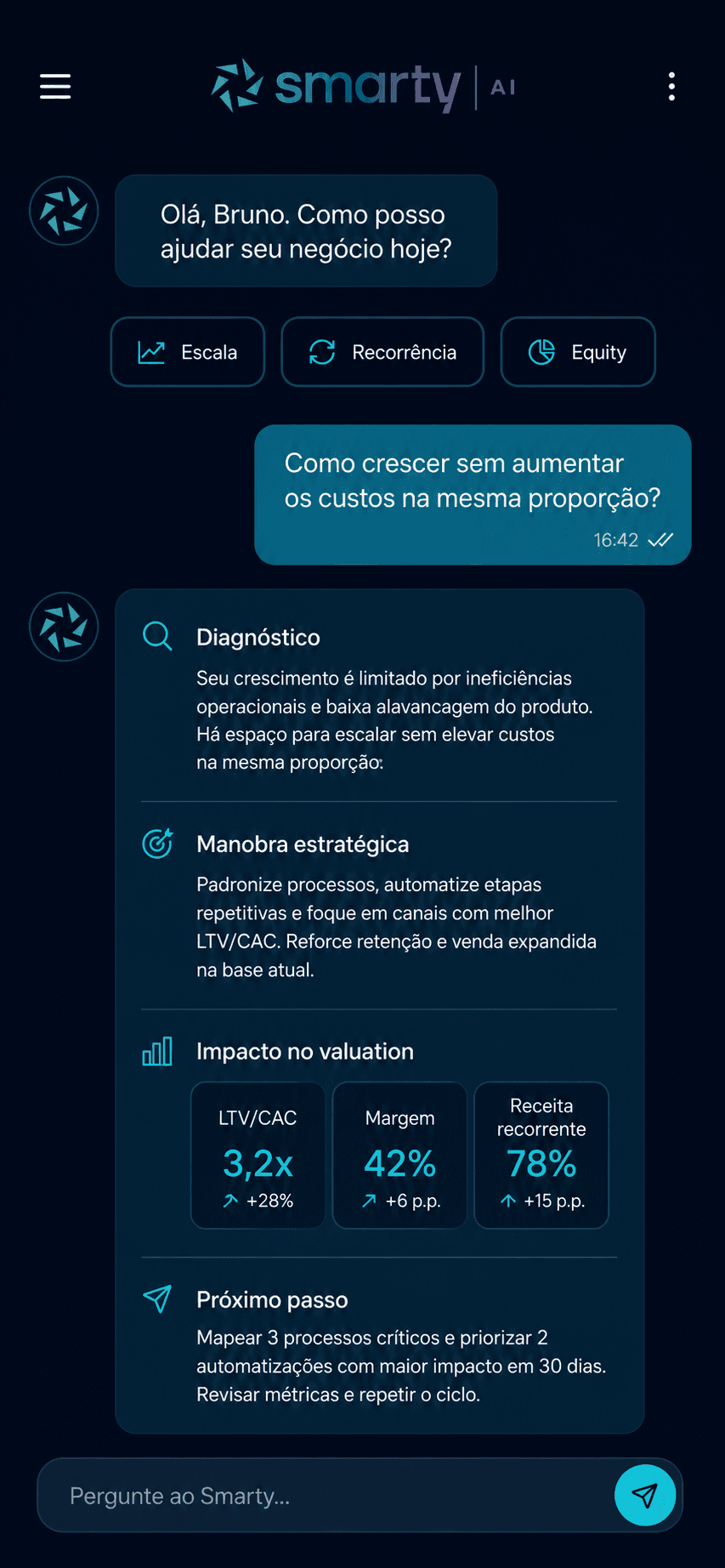 Conversa estratégica no Smarty AI em formato mobile