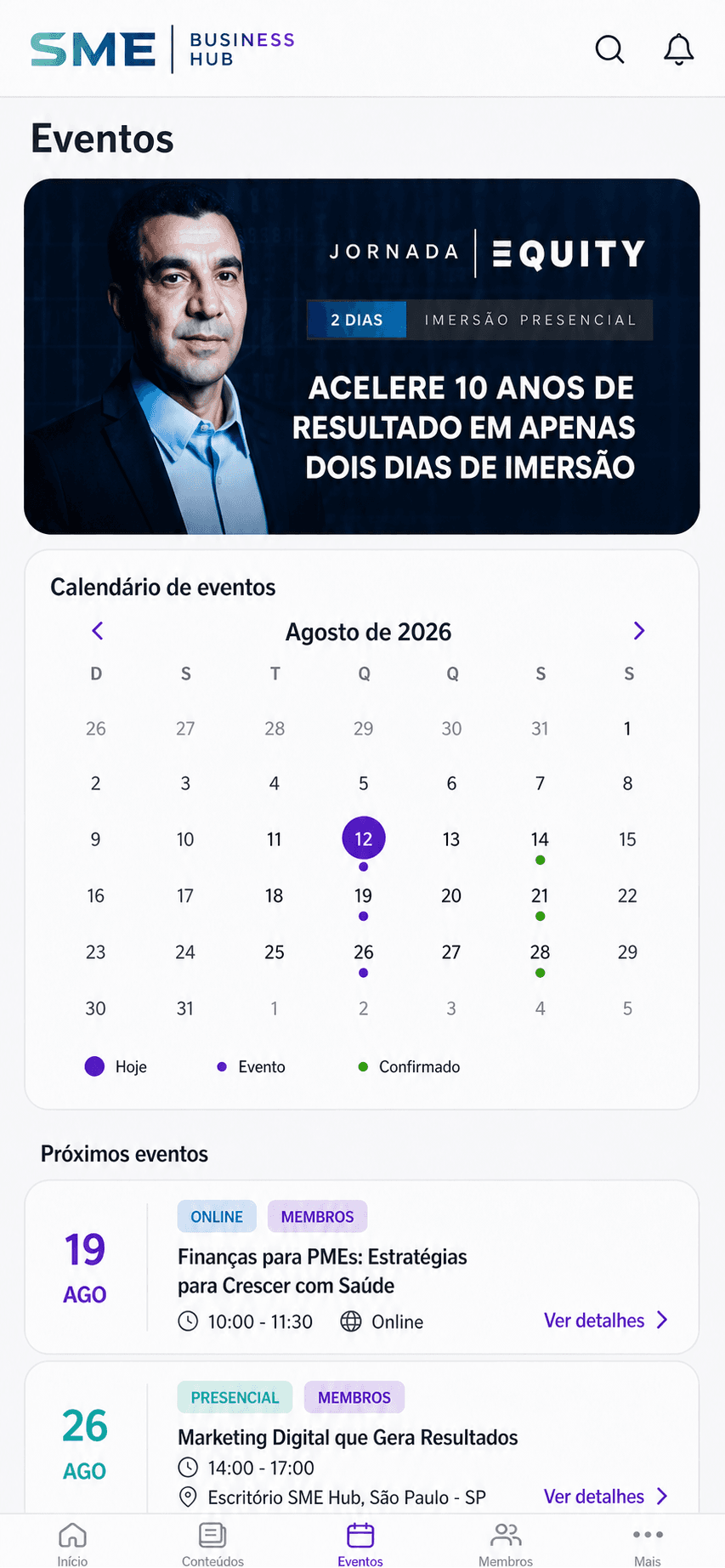 Página de Eventos do SME Business Hub em formato mobile