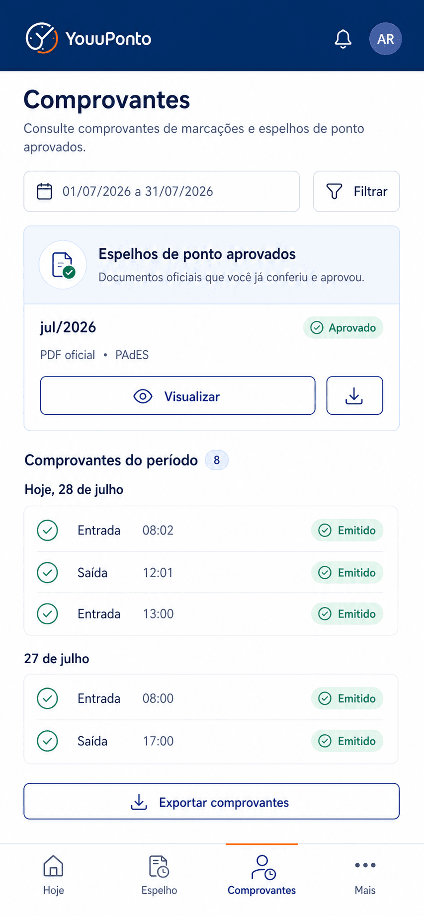 Tela de Comprovantes do YouuPonto com documentos aprovados