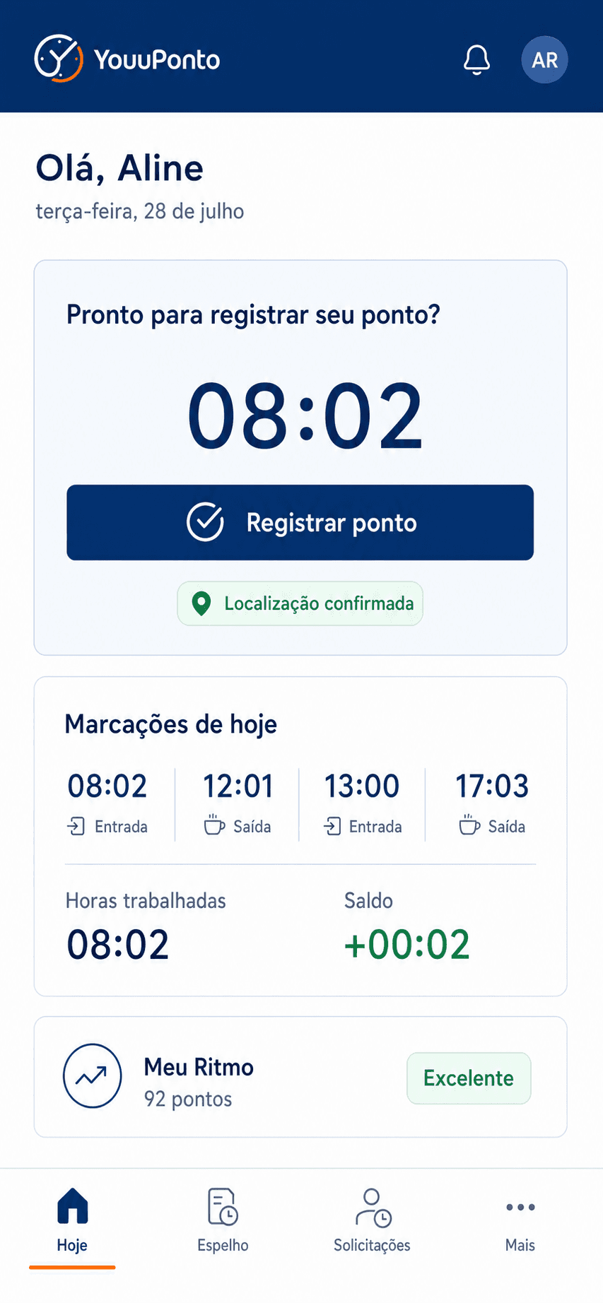 Tela Hoje do YouuPonto com registro de ponto e marcações do dia